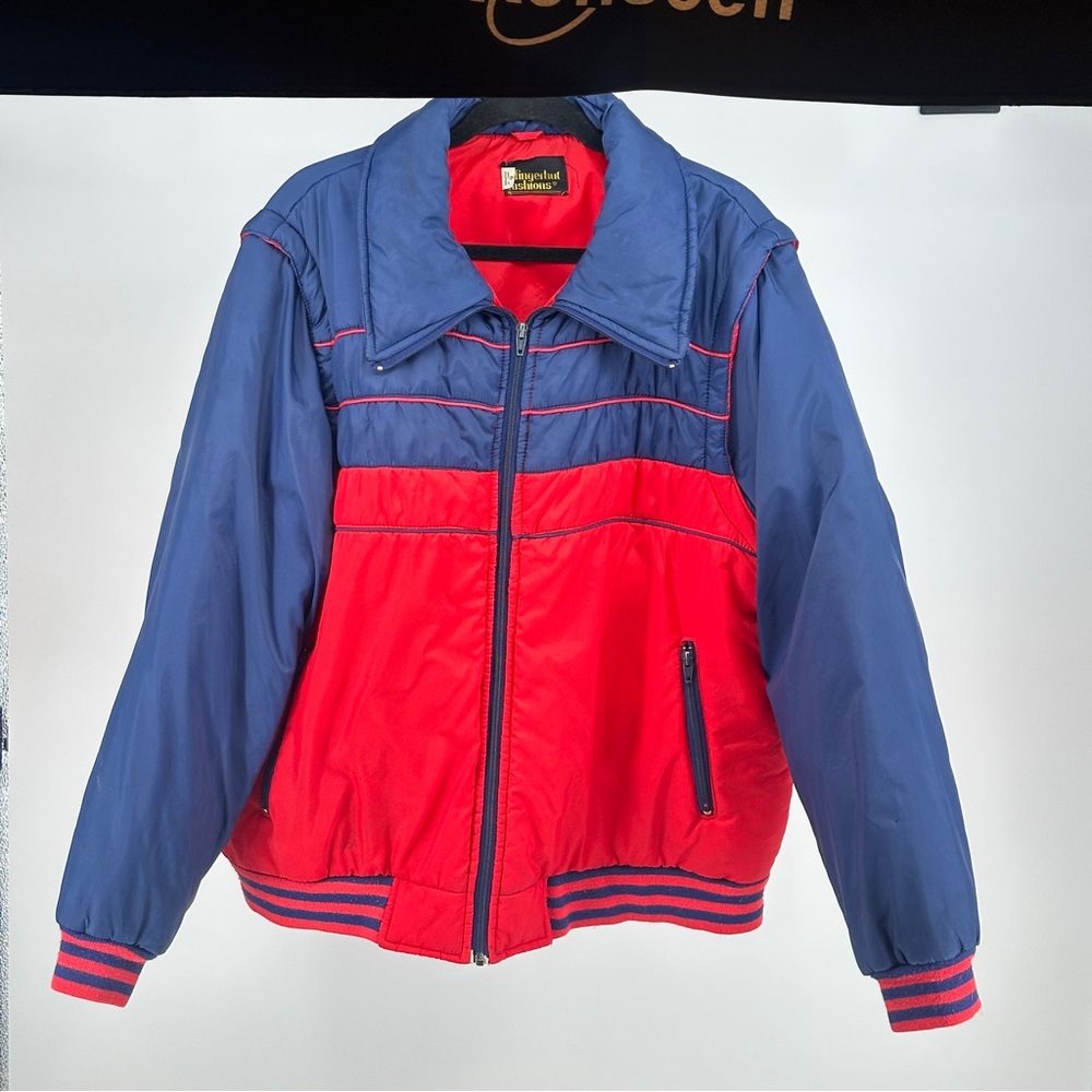 Vintage 80’s Puffer Red Blue Zip-Up Ski Jacket Removable Sleeves Men’s XL‎